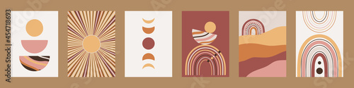 Set of minimalist geometric boho wall decor prints. Abstract posters for modern bohemian esthetic interior. Contemporary printable artwork. Sun, Moon, rainbow. Hand drawn vector illustration.