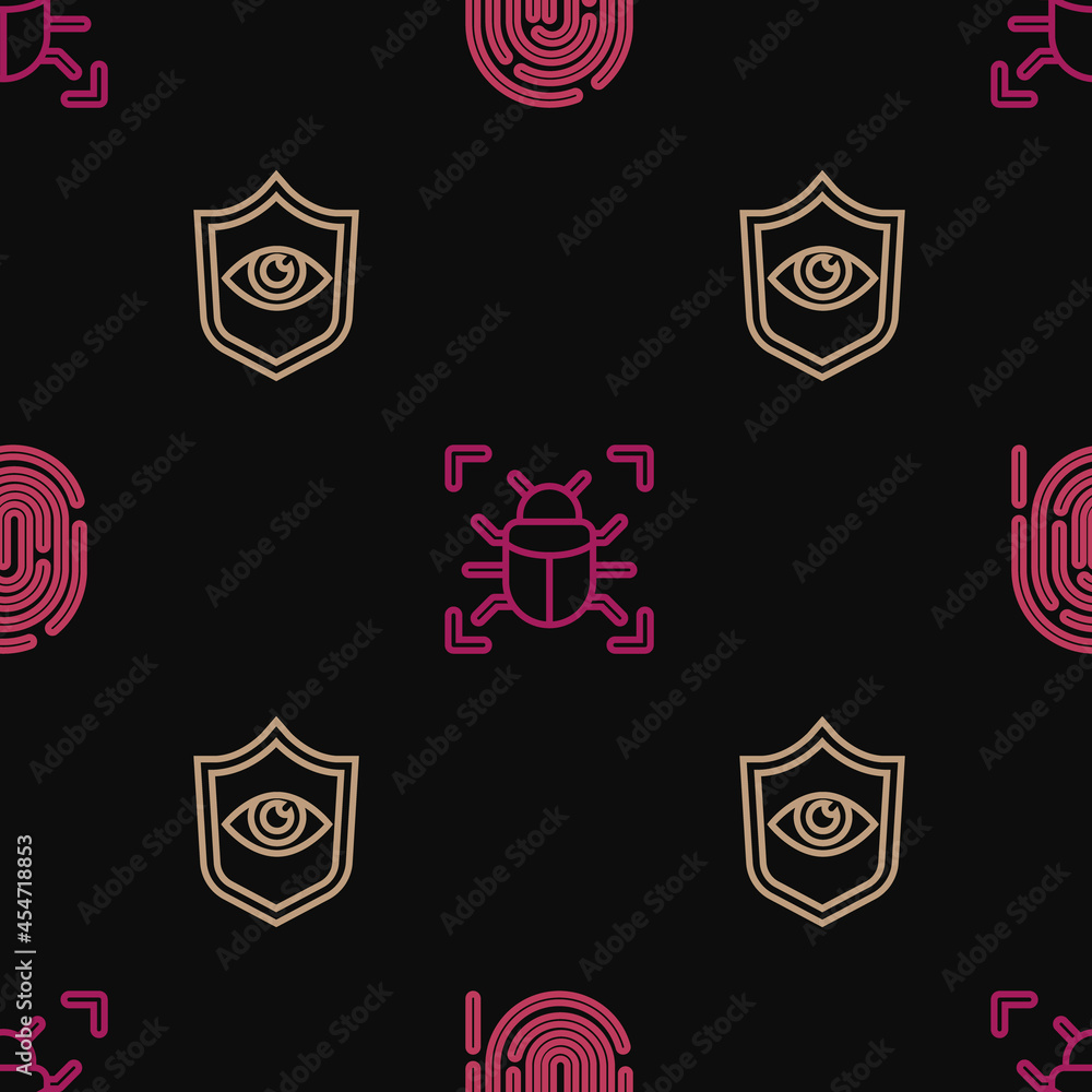 Set line Fingerprint, Shield and eye and System bug on seamless pattern. Vector Set line Fingerprint, Shield and eye and System bug on seamless pattern. Vector