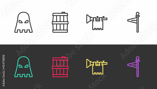 Set line Executioner mask, Wooden barrel, Trumpet with flag and Medieval on black and white. Vector