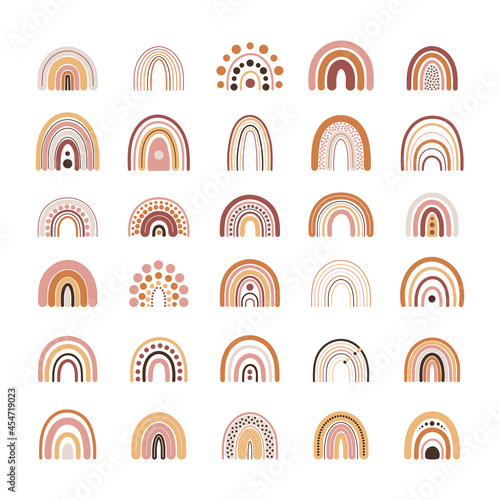 Set of boho rainbows in terracotta colors. Neutral nursery art design for decoration, bohemian printing for fabric, wall art. Hand drawn vector illustration.