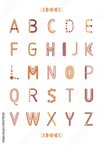 Boho alphabet letter set on white background. Bohemian rainbows for wall decor, cards, prints, posters. Hand drawn vector illustration.