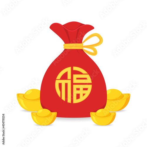 Chinese New Year Money pocket vector. Chinese money bag vector. Vector flat long shadow design. word "Fu" means - Good luck.