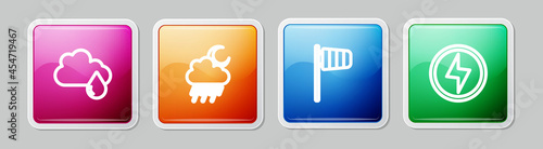 Set line Cloud with rain, and moon, Cone windsock wind vane and Lightning bolt. Colorful square button. Vector