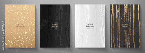 Contemporary cover design set. Creative art pattern with gold splash, smudge, paint drop (spot) on black background. Artistic vector collection for notebook, flyer template, grunge poster