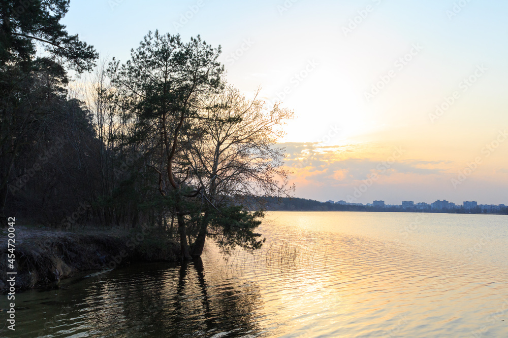 A beautiful sunset over the lake in Kyiv. Ukraine 