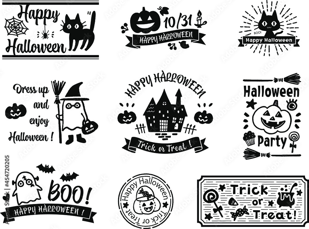 ハロウィン用ラベルデザインのセット 白黒のベクターイラスト Stock Vector Adobe Stock