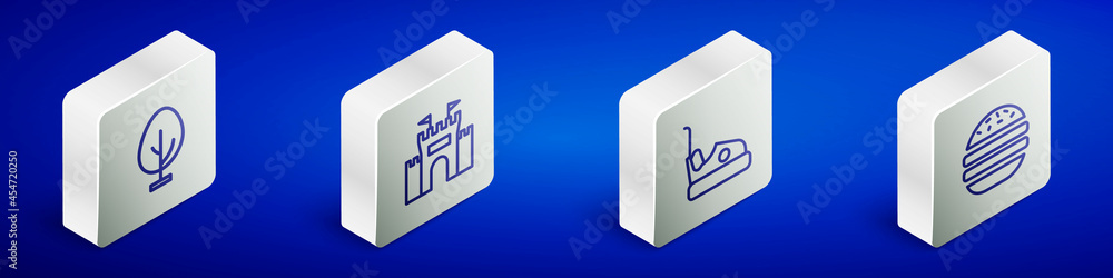 Set Isometric line Tree, Castle, Bumper car and Burger icon. Vector Set Isometric line Tree, Castle, Bumper car and Burger icon. Vector
