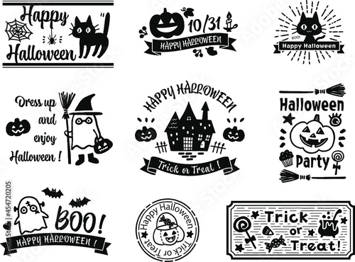 ハロウィン用ラベルデザインのセット、白黒のベクターイラスト
