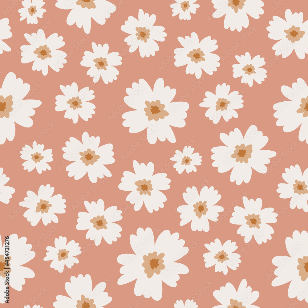 Boho seamless pattern with white flowers and pink background