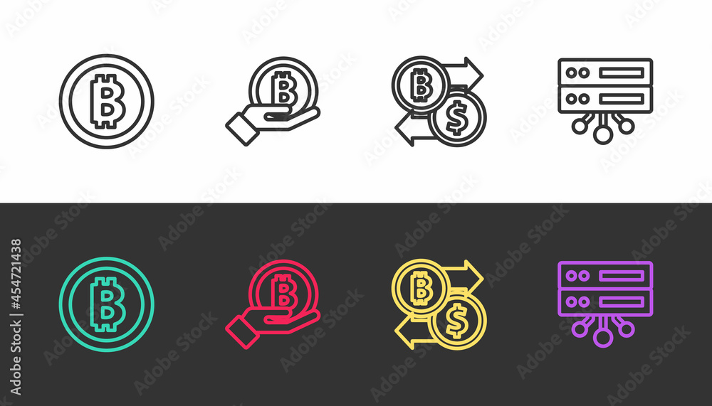 Set line Bitcoin, Hand holding, Cryptocurrency exchange and Server on black and white. Vector