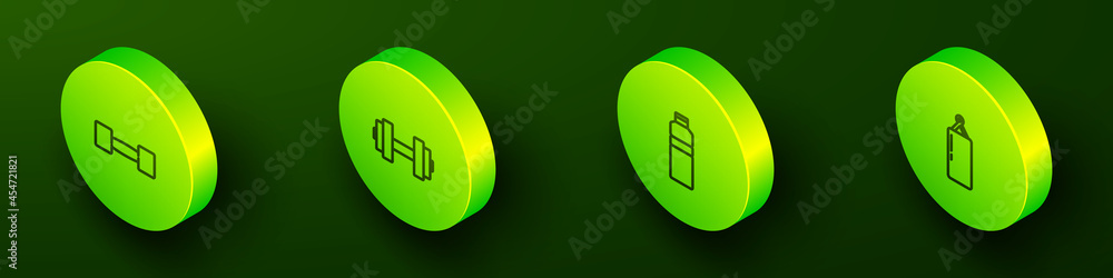 Set Isometric line Dumbbell, , Fitness shaker and Punching bag icon. Vector Set Isometric line Dumbbell, , Fitness shaker and Punching bag icon. Vector