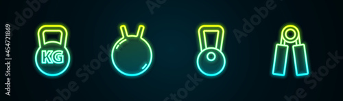 Set line Kettlebell, , and Sport expander. Glowing neon icon. Vector