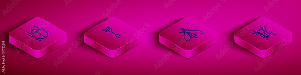 Set Isometric line Mite, Fly swatter, Bee and Beetle deer icon. Vector Set Isometric line Mite, Fly swatter, Bee and Beetle deer icon. Vector