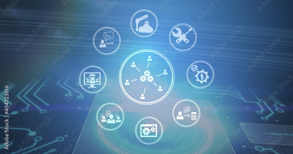 Fototapeta premium Image of network of digital icons over computer circuit board