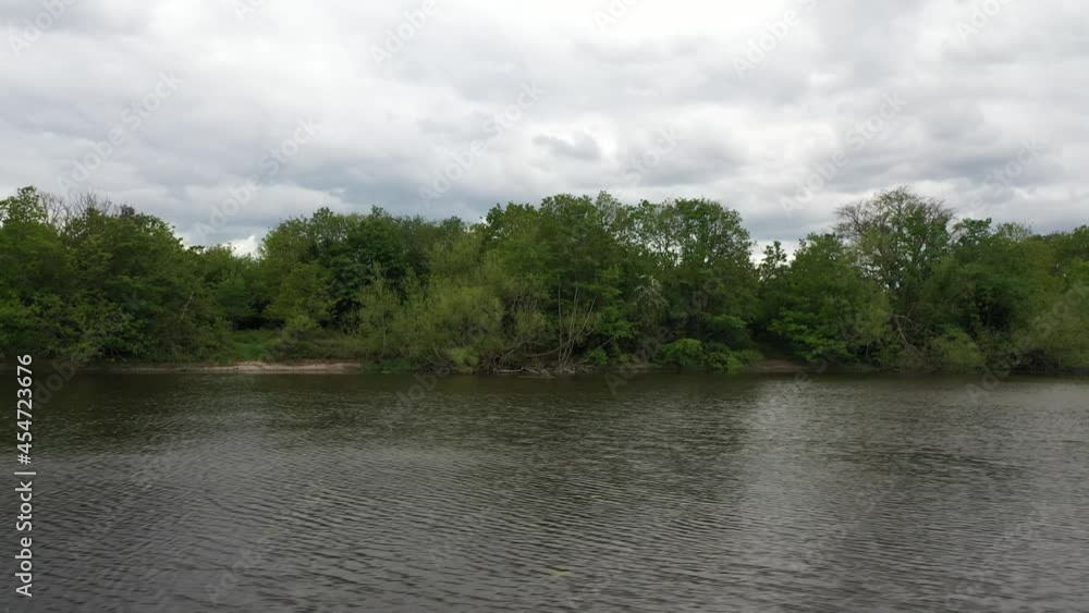 : trees, shrubs and other green vegetation on pond bank. Low flight above water surface in nature