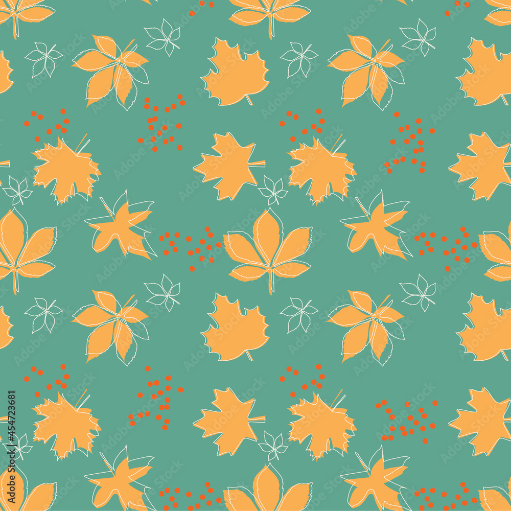 Obraz premium Autumn backgrounds. Seamless pattern with leaves and Doodle objects.
