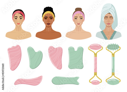 Set of different gua sha stones and rollers are made of rose quartz, green aventurine. Facial massage lines on female faces. Home beauty skin care routine. Hand drawn vector illustration.