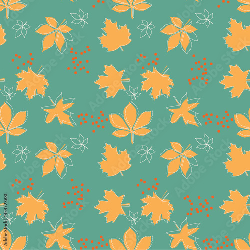 Autumn backgrounds. Seamless pattern with leaves and Doodle objects.