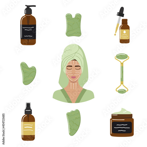 Big set of organic skin care products, face oil, gua sha stones, rollers are made of mint aventurine. Female face with massage lines. Home beauty skin care routine. Hand drawn vector illustration.
