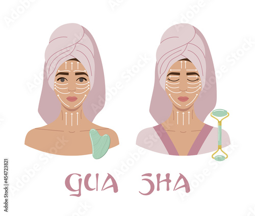 Facial massage direction infographic. Portraits of young women with opened and closed eyes in towel on head with green aventurine gua sha scraper, face roller. Hand drawn vector illustration.