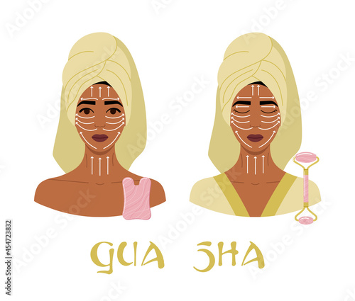 Facial massage direction infographic. Portraits of young African women with opened and closed eyes in towel on head with rose quartz gua sha scraper, face roller. Hand drawn vector illustration.