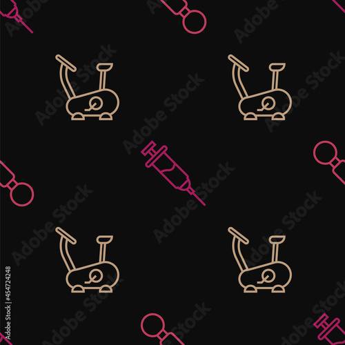Set line Dumbbell, Stationary bicycle and Doping syringe on seamless pattern. Vector