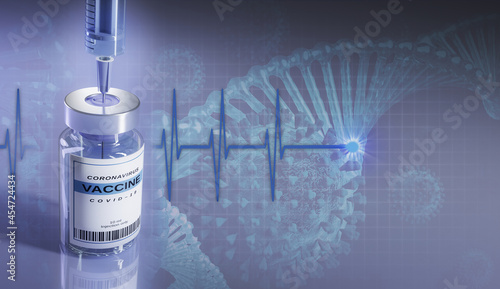 Medical syringe and vaccine bottle. Vaccine illustration. Bottle and syringe with needle. There is ecg chart, DNA and virus cell on the background.