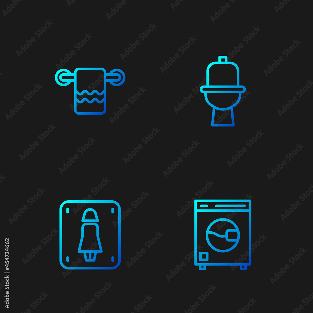 Set line Washer, Female toilet, Towel on hanger and Toilet bowl. Gradient color icons. Vector Set line Washer, Female toilet, Towel on hanger and Toilet bowl. Gradient color icons. Vector