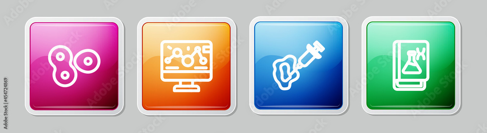 Set line Cell division, Genetic engineering modification, Syringe and book. Colorful square button. Vector Set line Cell division, Genetic engineering modification, Syringe and book. Colorful square button. Vector