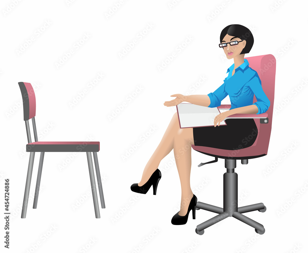 Fototapeta premium A woman is sitting on a chair, documents are lying on her lap. A Girl points to an empty chair opposite her. The boss invites the subordinate. Interview. Vector illustration, realistic style.