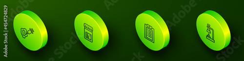 Set Isometric line Syringe, Jar with additives, Clinical record and Test tube flask on fire icon. Vector