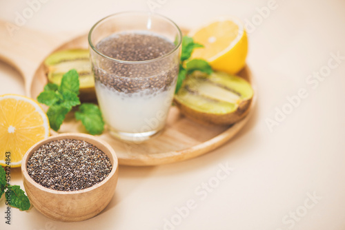 Healthy breakfast with chia pudding in glass