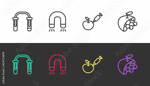 Set line Test tube and flask, Magnet, Genetically modified apple and Biological structure on black and white. Vector