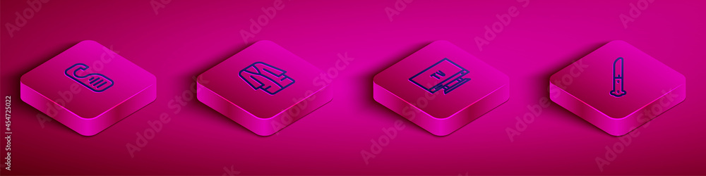 Set Isometric line Please do not disturb, Bathrobe, Smart Tv and Knife icon. Vector Set Isometric line Please do not disturb, Bathrobe, Smart Tv and Knife icon. Vector