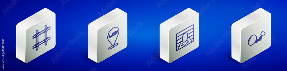 Set Isometric line Prison window, Location law, Prisoner and Ball chain icon. Vector Set Isometric line Prison window, Location law, Prisoner and Ball chain icon. Vector