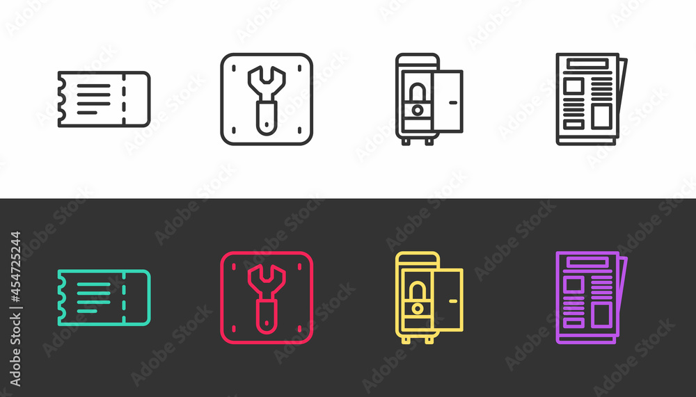 Set line Train ticket, Repair of railway, Toilet the train car and News on black and white. Vector Set line Train ticket, Repair of railway, Toilet the train car and News on black and white. Vector
