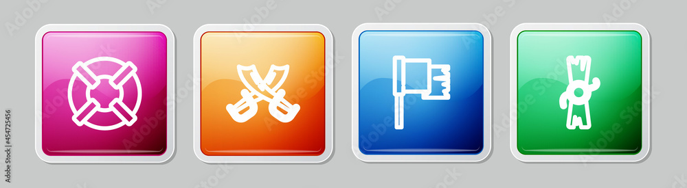 Set line Lifebuoy, Crossed pirate swords, Pirate flag and Decree, parchment, scroll. Colorful square button. Vector Set line Lifebuoy, Crossed pirate swords, Pirate flag and Decree, parchment, scroll. Colorful square button. Vector