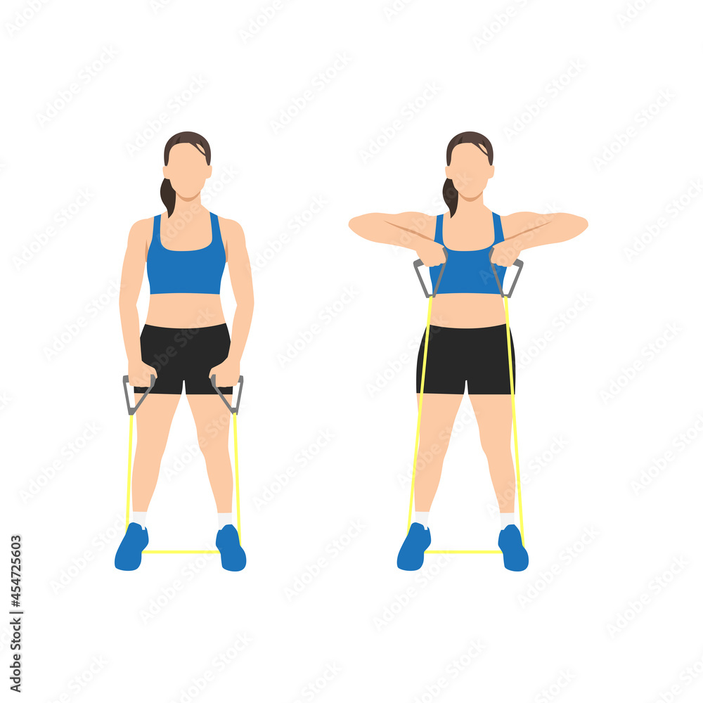 Woman doing Cable upright row with resistance band exercise. Flat vector illustration isolated on white background
