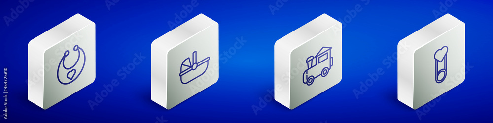 Set Isometric line Baby bib, stroller, Toy train and clothes pin icon. Vector
