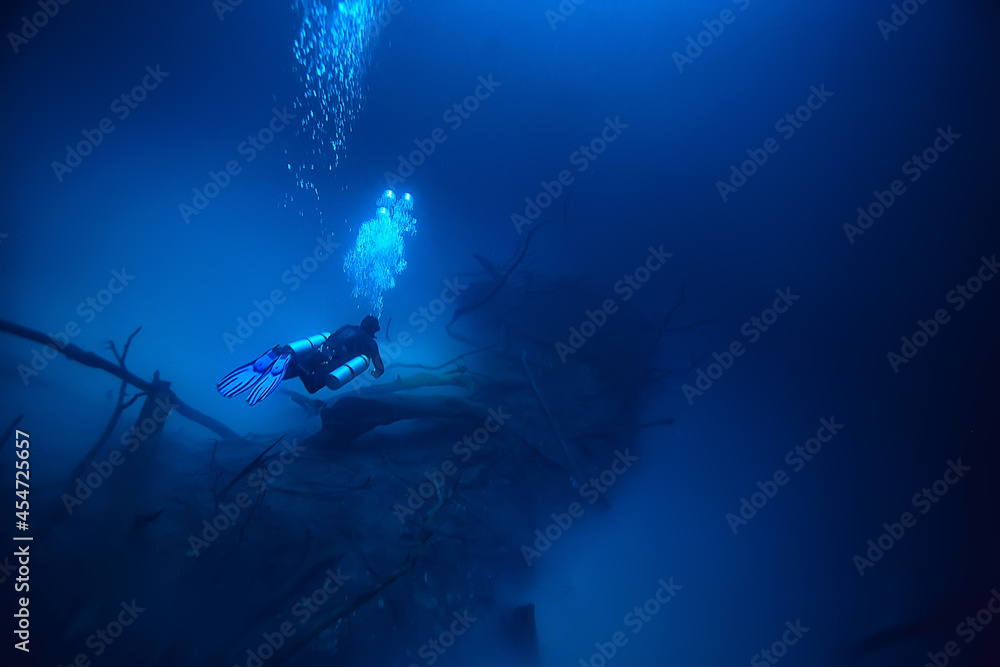 Fototapeta premium cenote angelita, mexico, cave diving, extreme adventure underwater, landscape under water fog
