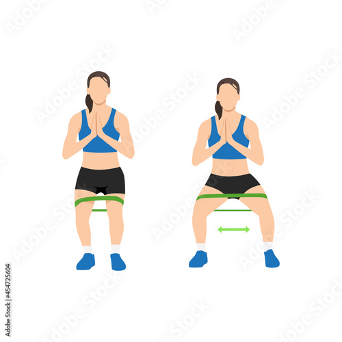 Woman doing Side shuffles. Crab walk training and stretching. Resistance band exercise. Flat vector illustration isolated on white background