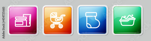 Set line Baby food, stroller, socks clothes and bathtub. Colorful square button. Vector