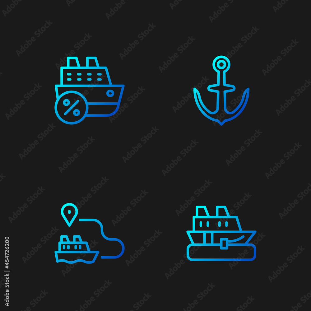 Set line Cruise ship, Ship line path, and Anchor. Gradient color icons. Vector Set line Cruise ship, Ship line path, and Anchor. Gradient color icons. Vector