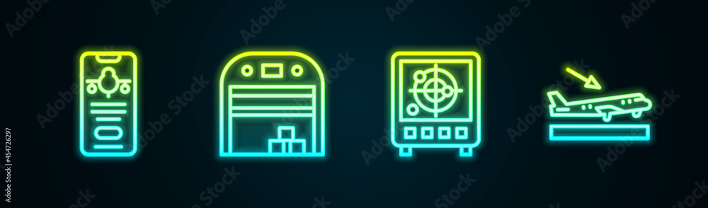 Set line Mobile with ticket, Aircraft hangar, Radar targets on monitor and Plane landing. Glowing neon icon. Vector Set line Mobile with ticket, Aircraft hangar, Radar targets on monitor and Plane landing. Glowing neon icon. Vector