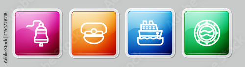 Set line Ship bell, Captain hat, Cruise ship and porthole with seascape. Colorful square button. Vector