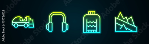 Set line Ice resurfacer, Winter headphones, Christmas sweater and Mountain descent. Glowing neon icon. Vector