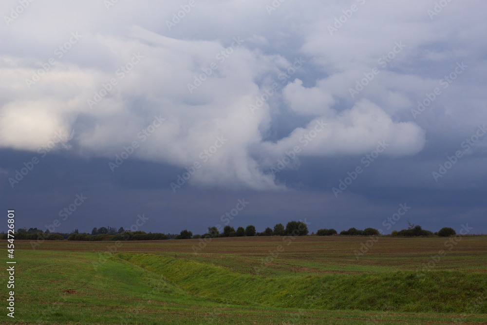 Countryside landscape with dark dramatic sky. Rural fields with green agricultural plants.