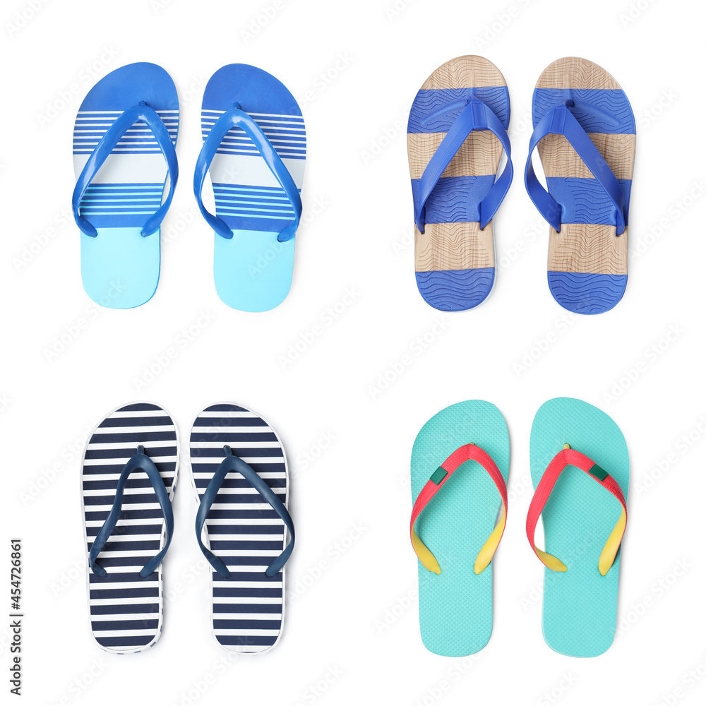 Set with different flip flops on white background, top view Set with different flip flops on white background, top view