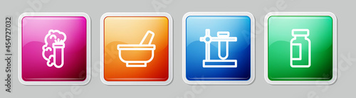 Set line Chemical explosion, Mortar and pestle, Test tube flask stand and . Colorful square button. Vector