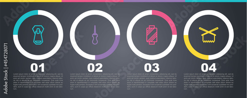 Set line Zipper, Awl tool, Sewing thread on spool and Knitting needles. Business infographic template. Vector